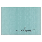 Aqua Blue Blauwgroen modern script meisjesmonogram Snijplank (Voorkant)