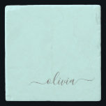 Aqua Blue Blauwgroen modern script meisjesmonogram Stenen Onderzetter<br><div class="desc">Aqua Blue Blauwgroen Simple Script Monogram Name Stone Tile. Dit maakt het perfecte afstuderen,  zoete 16 verjaardag,  bruiloft,  vrijgezellenfeest,  verjaardagsdag,  baby shower of vrijgezellenfeest voor iemand die van luxe en chic stijlen houdt.</div>