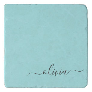Aqua Blue Blauwgroen modern script meisjesmonogram Trivet