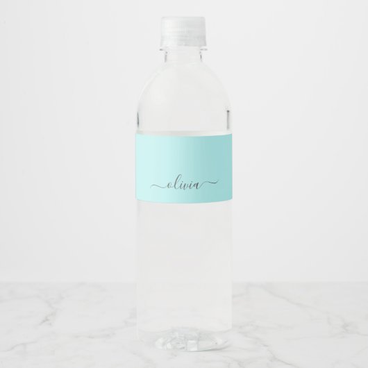 Aqua Blue Blauwgroen modern script meisjesmonogram Waterfles Etiket (Voorkant)