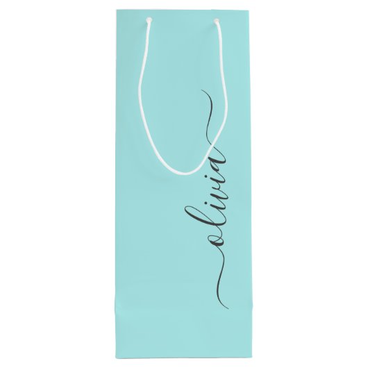 Aqua Blue Blauwgroen modern script meisjesmonogram Wijn Cadeautas (Achterkant)