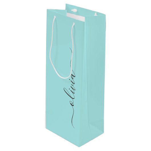 Aqua Blue Blauwgroen modern script meisjesmonogram Wijn Cadeautas (Voorkant Gekanteld)