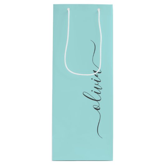 Aqua Blue Blauwgroen modern script meisjesmonogram Wijn Cadeautas (Voorkant)