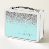 Aqua Blue Blauwgroen Silver Glitter Monogram (Achterkant)