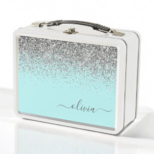 Aqua Blue Blauwgroen Silver Glitter Monogram