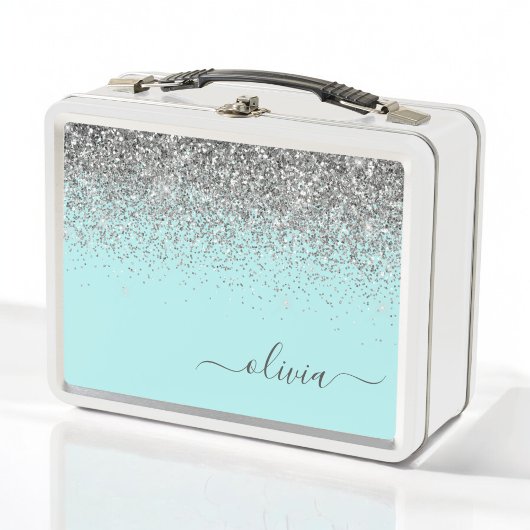 Aqua Blue Blauwgroen Silver Glitter Monogram