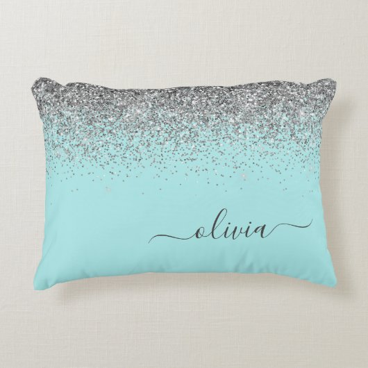 Aqua Blue Blauwgroen Silver Glitter Monogram Accent Kussen (Voorkant)