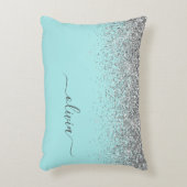 Aqua Blue Blauwgroen Silver Glitter Monogram Accent Kussen (Voorkant(Verticaal))