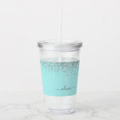 Aqua Blue Blauwgroen Silver Glitter Monogram Acryl Drinkbeker (Voorkant)
