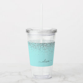 Aqua Blue Blauwgroen Silver Glitter Monogram Acryl Drinkbeker