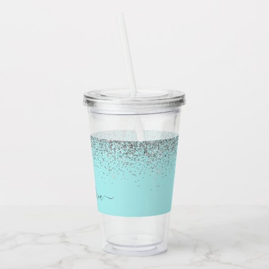 Aqua Blue Blauwgroen Silver Glitter Monogram Acryl Drinkbeker (Links)