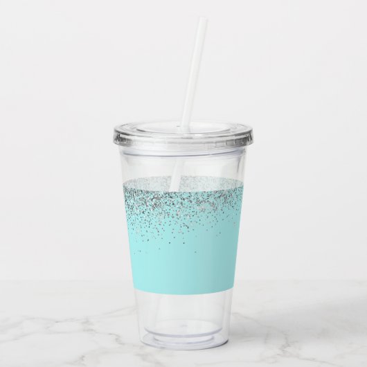 Aqua Blue Blauwgroen Silver Glitter Monogram Acryl Drinkbeker (Achterkant)