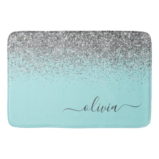 Aqua Blue Blauwgroen Silver Glitter Monogram Badmat (Voorkant)