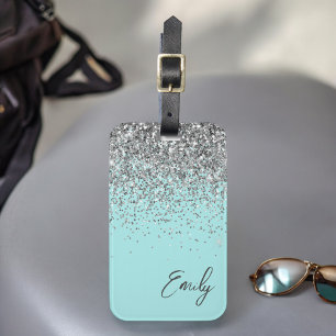 Aqua Blue Blauwgroen Silver Glitter Monogram Bagagelabel