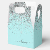 Aqua Blue - Blauwgroen Silver Glitter Monogram Bedankdoosjes (Geopend)