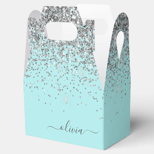 Aqua Blue - Blauwgroen Silver Glitter Monogram Bedankdoosjes (Geopend)