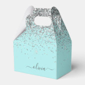 Aqua Blue - Blauwgroen Silver Glitter Monogram Bedankdoosjes (Voorkant Zijde)