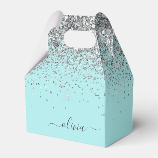 Aqua Blue - Blauwgroen Silver Glitter Monogram Bedankdoosjes (Voorkant Zijde)