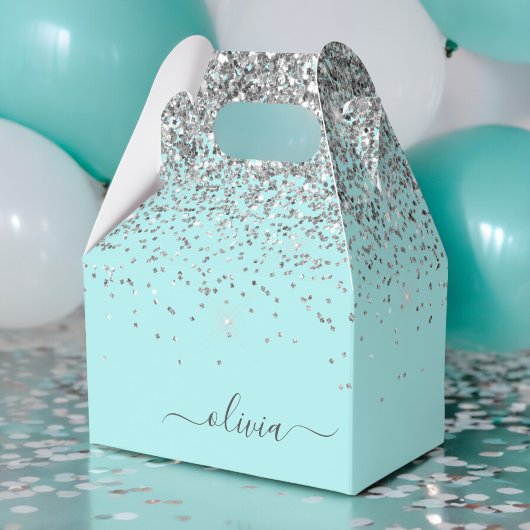 Aqua Blue - Blauwgroen Silver Glitter Monogram Bedankdoosjes