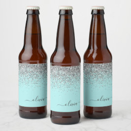 Aqua Blue Blauwgroen Silver Glitter Monogram Bier Etiket