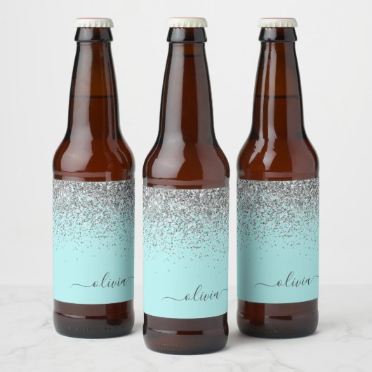 Aqua Blue Blauwgroen Silver Glitter Monogram Bier Etiket (Flessen)