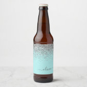 Aqua Blue Blauwgroen Silver Glitter Monogram Bier Etiket (Voorkant)