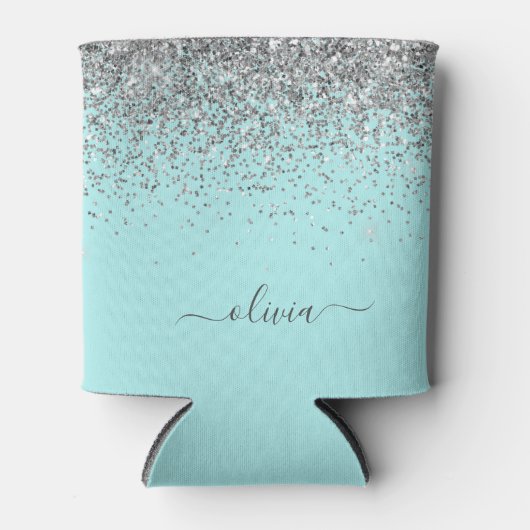 Aqua Blue Blauwgroen Silver Glitter Monogram Blikjeskoeler (Voorkant)