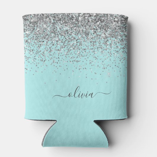 Aqua Blue Blauwgroen Silver Glitter Monogram Blikjeskoeler (Achterkant)