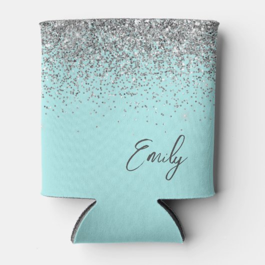 Aqua Blue Blauwgroen Silver Glitter Monogram Blikjeskoeler (Voorkant)