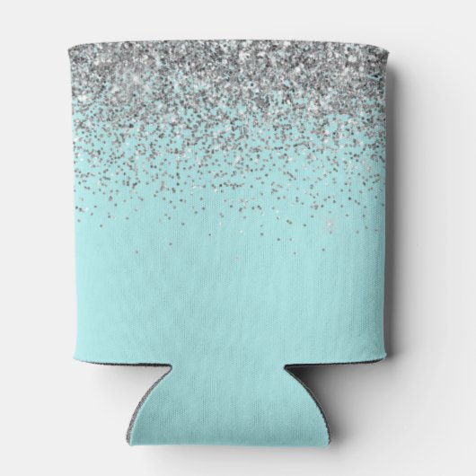 Aqua Blue Blauwgroen Silver Glitter Monogram Blikjeskoeler (Achterkant)