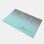 Aqua Blue - Blauwgroen Silver Glitter Monogram Deurmat (Schuin)
