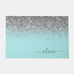 Aqua Blue - Blauwgroen Silver Glitter Monogram Deurmat