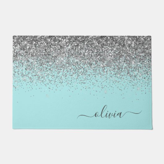 Aqua Blue - Blauwgroen Silver Glitter Monogram Deurmat (Voorkant)