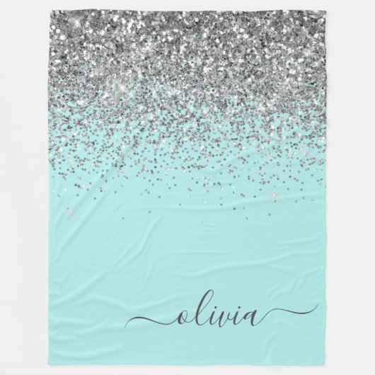 Aqua Blue Blauwgroen Silver Glitter Monogram Fleece Deken (Voorkant)