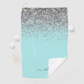 Aqua Blue Blauwgroen Silver Glitter Monogram Golfhanddoek (Insitu)