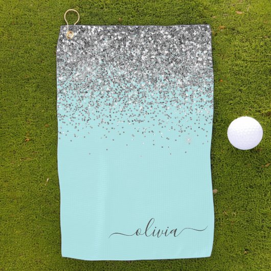Aqua Blue Blauwgroen Silver Glitter Monogram Golfhanddoek