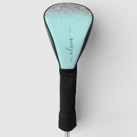 Aqua Blue Blauwgroen Silver Glitter Monogram Golfheadcover (Voorkant)