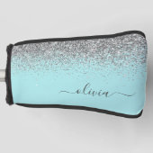 Aqua Blue Blauwgroen Silver Glitter Monogram Golfheadcover (Voorkant)