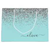 Aqua Blue Blauwgroen Silver Glitter Monogram Groot Cadeauzakje (Voorkant)