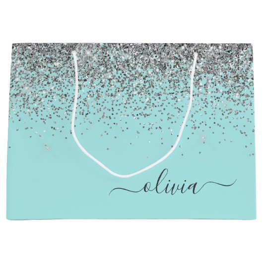 Aqua Blue Blauwgroen Silver Glitter Monogram Groot Cadeauzakje (Voorkant)