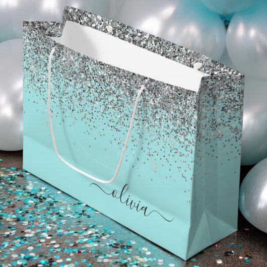 Aqua Blue Blauwgroen Silver Glitter Monogram Groot Cadeauzakje