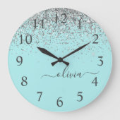 Aqua Blue Blauwgroen Silver Glitter Monogram Grote Klok (Voorkant)