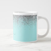 Aqua Blue Blauwgroen Silver Glitter Monogram Grote Koffiekop (Rechts)