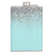 Aqua Blue Blauwgroen Silver Glitter Monogram Heupfles (Achterkant)