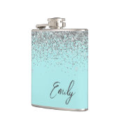 Aqua Blue Blauwgroen Silver Glitter Monogram Heupfles (Links)