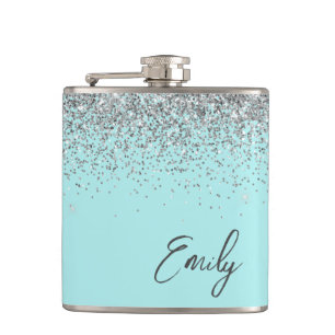 Aqua Blue Blauwgroen Silver Glitter Monogram Heupfles