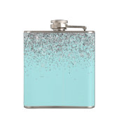 Aqua Blue Blauwgroen Silver Glitter Monogram Heupfles (Achterkant)
