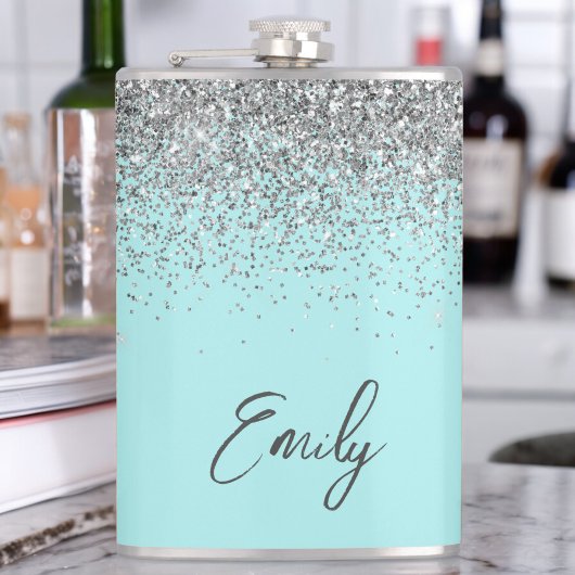 Aqua Blue Blauwgroen Silver Glitter Monogram Heupfles