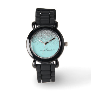 Aqua Blue Blauwgroen Silver Glitter Monogram Horloge