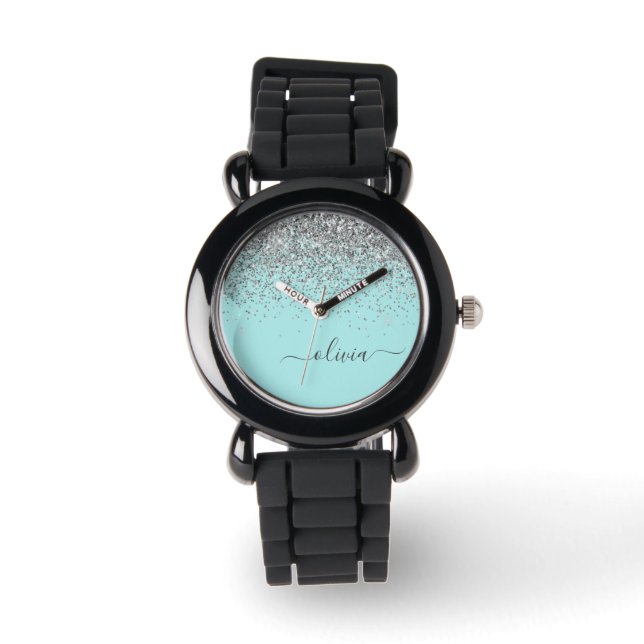 Aqua Blue Blauwgroen Silver Glitter Monogram Horloge (Voorkant)